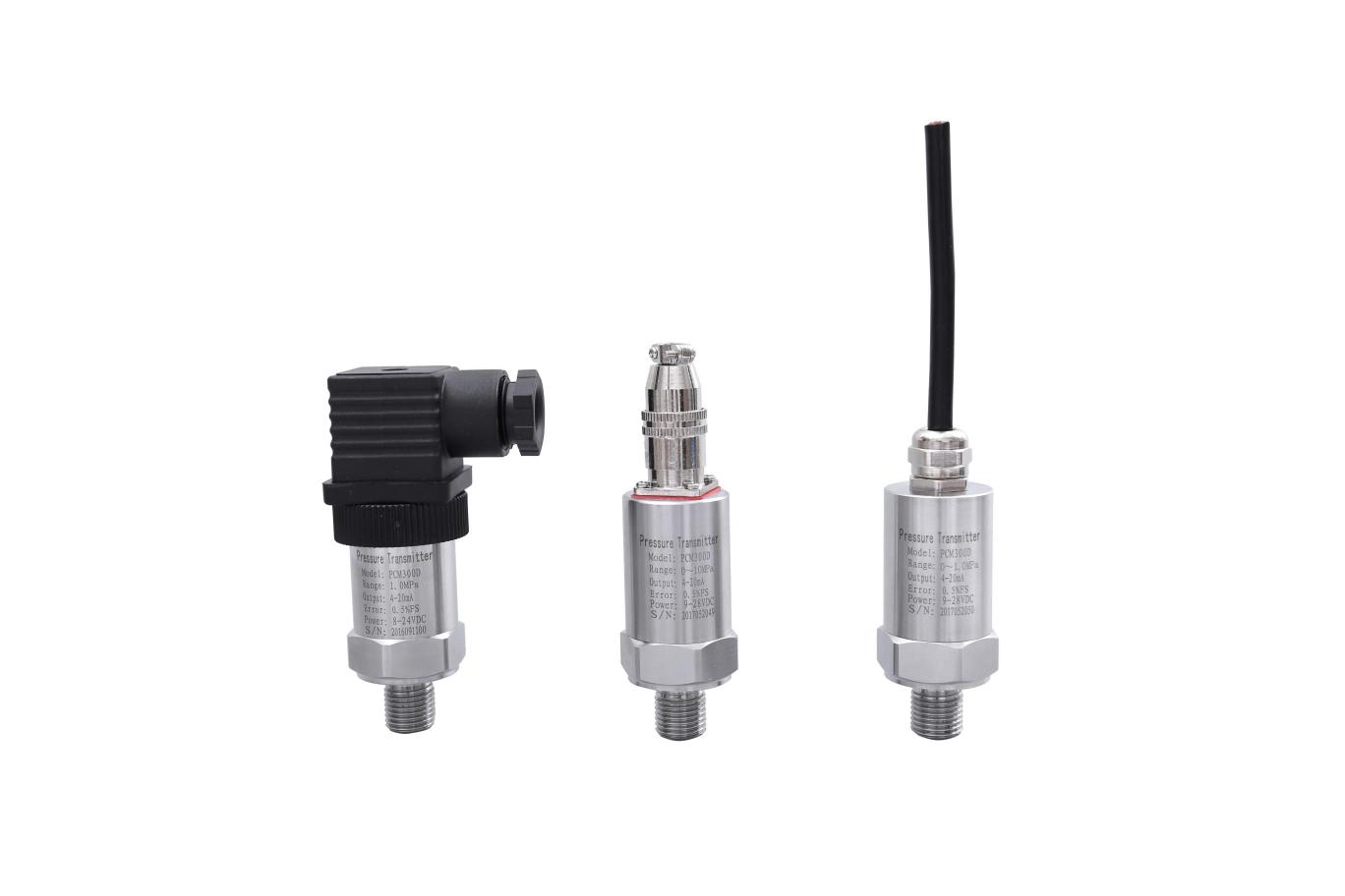 PCM300系列壓力變送器為不銹鋼圓筒外殼，采用直接引線或國際通用的DIN43650赫斯曼接線盒。外殼防護等級高，因為其精巧的外形，主要適用于室內及機械設備的配套上，廣泛應用于對各種氣體、液體和蒸汽的壓力、液位的自動化檢測和控制中，測量范圍廣、精度高、穩定性好、性能可靠、安裝使用方便等特點，具有反向極性保護、防雷擊性能好，抗射頻干擾能力強。該產品廣泛應用于石油、化工、冶金、航空、航天、醫療設備、車輛、制冷機、壓縮機等行業的過程控制及測量。
